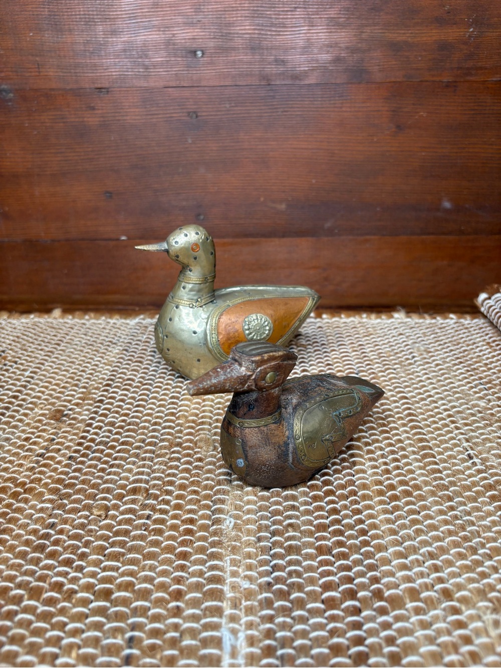 2 Antique Moroccan European Armored Wooden Hand Carved Birds Ducks Figurines